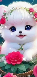 Cute puppy with pink roses wallpaper.