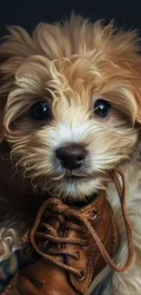 Cute puppy holding a brown shoe.