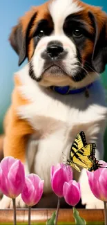 Cute puppy with pink tulips and butterfly, mobile wallpaper.