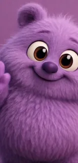 Cute purple cartoon bear waving happily on a mobile wallpaper.