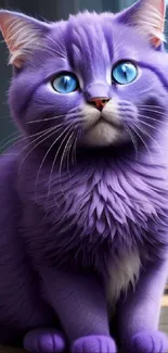 Purple cat with blue eyes sitting on the floor.