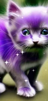 Adorable purple cat with large eyes on green background.