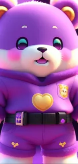 Adorable purple teddy bear in a cute outfit with heart design.