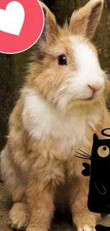 Fluffy bunny with a cute cat and heart graphic on phone wallpaper.