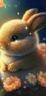 Cute rabbit with flowers wallpaper for mobile device.