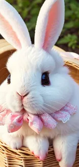 Adorable white rabbit with pink bow in basket wallpaper.