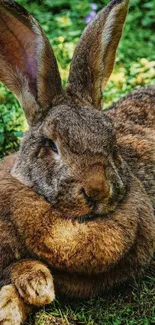 Brown rabbit resting on green grass.