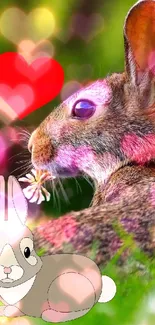 Cute rabbit and cartoon bunny in nature setting with heart.