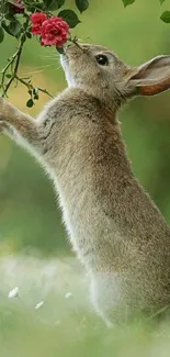 Cute rabbit reaching for red roses in a green nature setting.