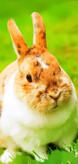 Cute brown and white rabbit sitting on green grass.