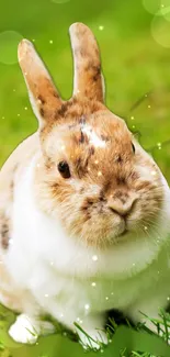 Adorable bunny on a green grass background with glowing sparkles.