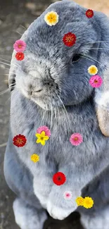 Adorable gray rabbit with colorful flowers on fur background.