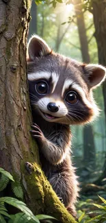 Cartoon raccoon peeking from behind a tree in a forest setting.