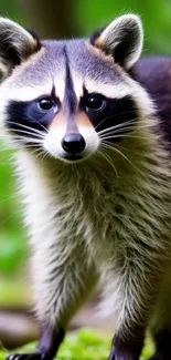 Adorable raccoon standing in lush green forest background.