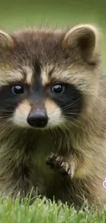 Adorable raccoon standing on lush green grass.