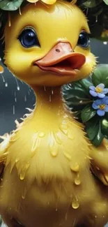 Cute duckling with flowers in rain.