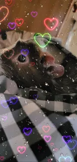 Cute rat with neon hearts and raindrop effects on blanket.