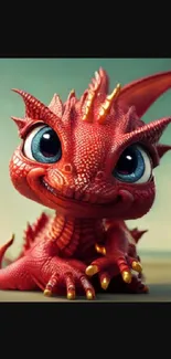 Adorable red dragon with big blue eyes on a mobile wallpaper.