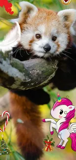 Adorable red panda and unicorn wallpaper with Christmas elements.