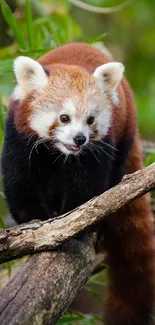 Adorable red panda on branch in lush greenery.