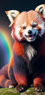 Smiling red panda with rainbow background, perfect for mobile wallpaper.