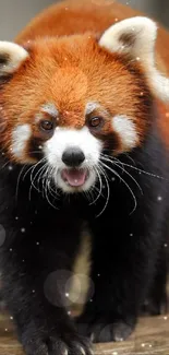 Adorable red panda with fluffy red fur on a wooden surface.