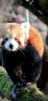 Red panda on a mossy branch, vibrant nature scene.