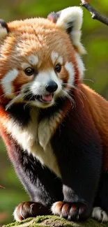 Adorable red panda with autumn leaves in a forest setting.