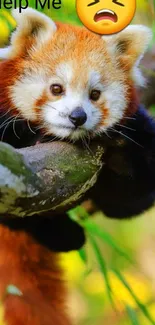 A cute red panda hanging on a branch with 'Help Me' text and emoji.