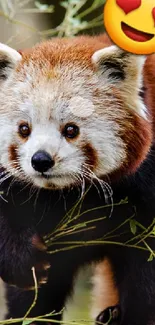 Adorable red panda with a heart-eye emoji in a forest setting.