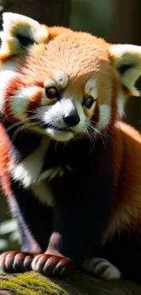 Adorable red panda resting on a branch in a lush green forest.