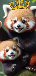 Two adorable red pandas with a crown on a forest branch.