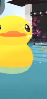 Charming yellow rubber duck swimming in serene pool with heart bubbles.