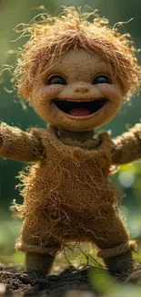 Rustic doll with a happy face in a natural setting.