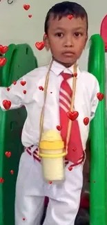 Young boy in school uniform with red hearts design.