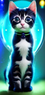 Adorable kitten glows with neon blue lights in a futuristic sci-fi setting.