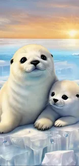 Adorable seal pups resting on icy terrain at sunset.