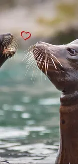 Two playful seals with a heart above them in a serene setting.