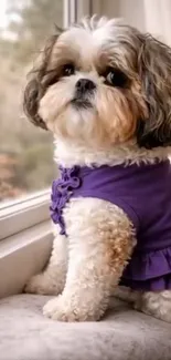Shih Tzu in purple outfit sitting by the window.