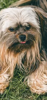 Adorable Shih Tzu dog sitting on green grass.