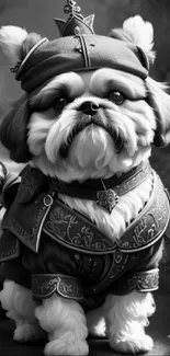 Black and white Shih Tzu in elegant costume garden setting.