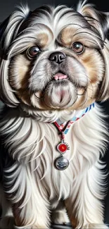 Portrait of a cute Shih Tzu dog with a colorful collar.