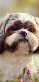 Adorable Shih Tzu with floral background.