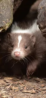 Cute skunk peeking through tree trunk, perfect wildlife wallpaper.