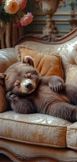 Cute sleeping bear on a cozy sofa.