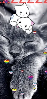 Adorable cat sleeping with cartoon kittens on head, black and white theme.