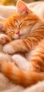 Adorable orange kitten sleeping peacefully on a soft blanket.