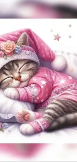 Cute sleeping kitten in pink outfit with roses.