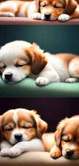 Adorable sleepy puppies resting peacefully in a cozy, warm setting.