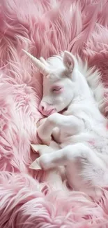 Cute unicorn sleeping in pink fluffy fur wallpaper.